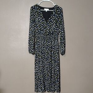 Pop Sugar Navy Dress W Flowers, Fitted Waist And Sleeves Size M